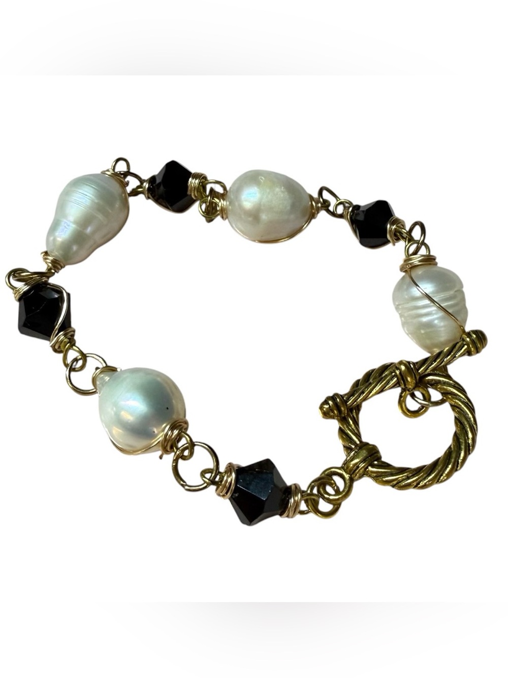 Handmade Baroque Pearl & Black Gemstone Bracelet wrapped in gold wire.